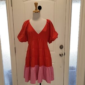 Entro Red and Pink V-Neck Dress